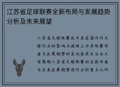江苏省足球联赛全新布局与发展趋势分析及未来展望