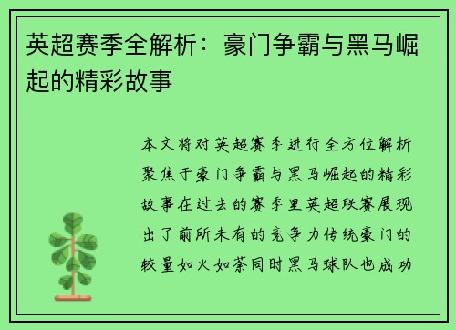 英超赛季全解析：豪门争霸与黑马崛起的精彩故事