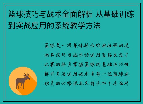 篮球技巧与战术全面解析 从基础训练到实战应用的系统教学方法