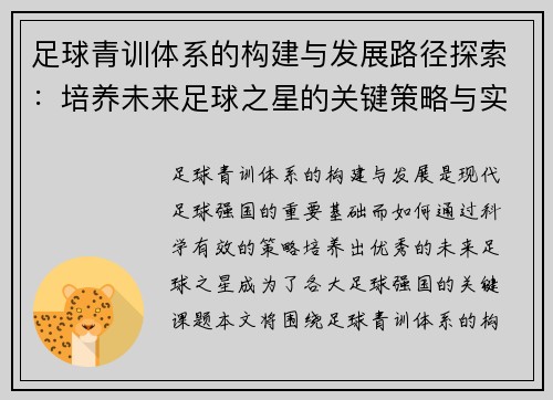 足球青训体系的构建与发展路径探索：培养未来足球之星的关键策略与实践