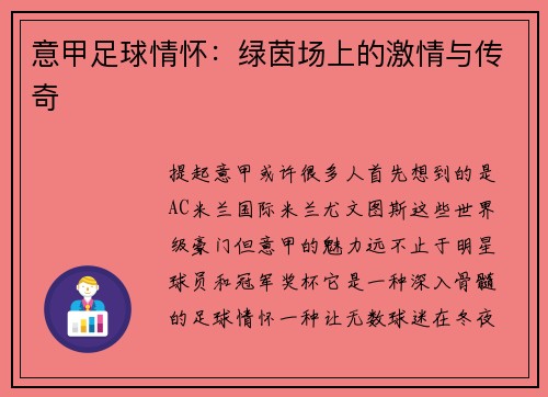 意甲足球情怀：绿茵场上的激情与传奇