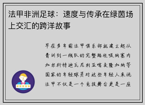 法甲非洲足球：速度与传承在绿茵场上交汇的跨洋故事